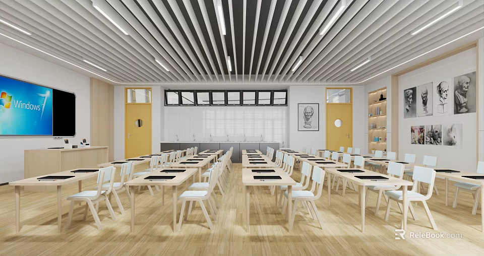 Bright School Classroom With Neat Desks And Chairs 3d model