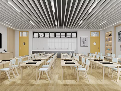 Bright School Classroom With Neat Desks And Chairs 3d model