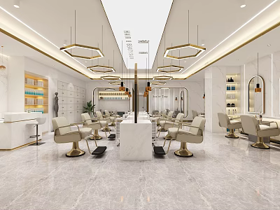 Modern Beauty Hair Salon Interior Design With Comfortable Styling Chairs Pendant Lights And Marble Flooring 3d model