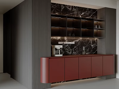 Modern Sleek Sideboard Design With Dark Wood Frame Red Doors And Marble Backsplash 3d model