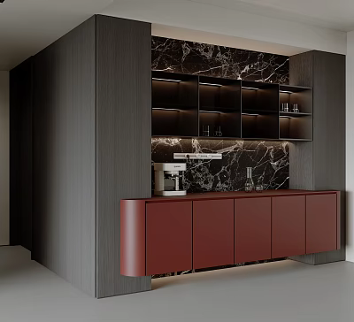 Modern Sleek Sideboard Design With Dark Wood Frame Red Doors And Marble Backsplash 3d model