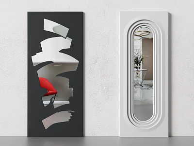Modern Decorative Mirrors With Black Irregular And White Oval Frames Reflecting Red Chair And Vase 3d model