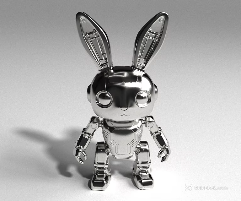 Silver Metallic Robot Rabbit Character With Mechanical Features And Shiny Surface 3d model 