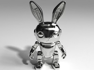 Silver Metallic Robot Rabbit Character With Mechanical Features And Shiny Surface 3d model