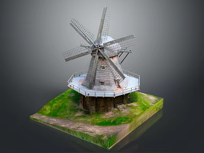 Traditional Windmill Architecture With Wooden Blades Stone Base And Grass Platform 3d model