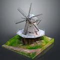 Traditional Windmill Architecture With Wooden Blades Stone Base And Grass Platform