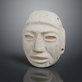 Ancient Carved Stone Mask With Textured Surface Facial Features Displayed On Dark Background
