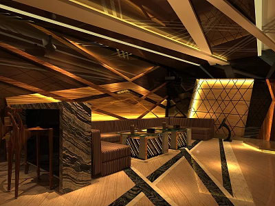 Luxurious KTV Interior With Geometric Wooden Ceiling Warm Lighting Brown Sofa And Geometric Flooring 3d model