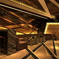 Luxurious KTV Interior With Geometric Wooden Ceiling Warm Lighting Brown Sofa And Geometric Flooring