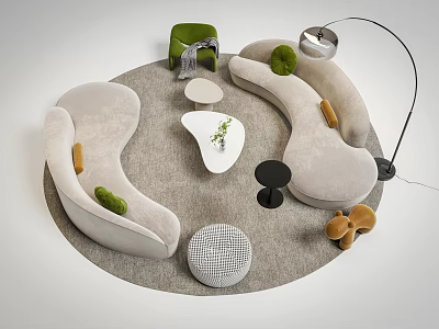 Modern Curved Beige Sofa and Coffee Table Set With Green Orange Pillows Round Gray Rug 3d model