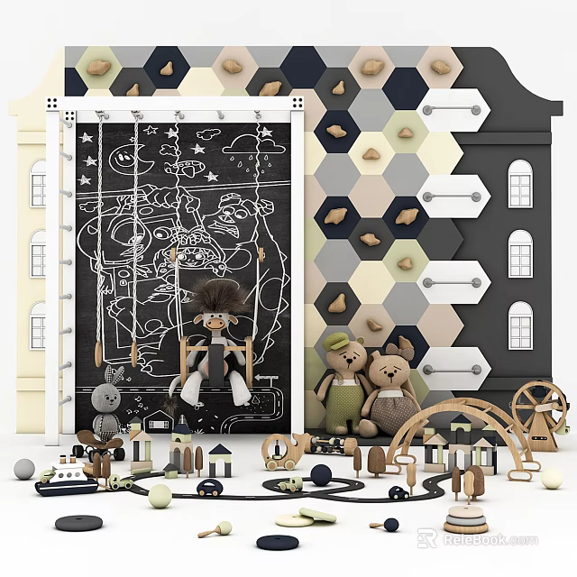 Wooden Swing Kids Sports Equipment With Toys House Model Blackboard Star Moon Patterns 3d model 