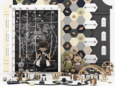 Wooden Swing Kids Sports Equipment With Toys House Model Blackboard Star Moon Patterns 3d model