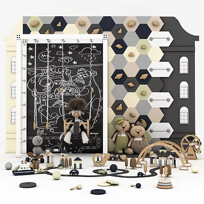 Wooden Swing Kids Sports Equipment With Toys House Model Blackboard Star Moon Patterns 3d model