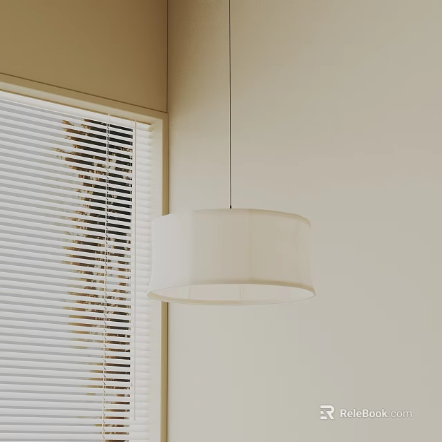 White Pendant Light With Cylindrical Shade In Minimalist Interior By Window With Blinds 3d model 
