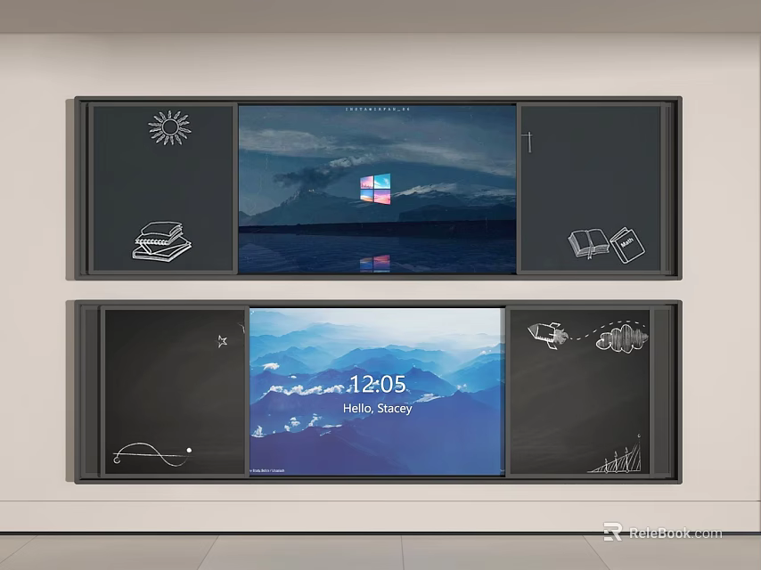 Smart Wall With Digital Displays Showing Windows Interface Time And Icons 3d model