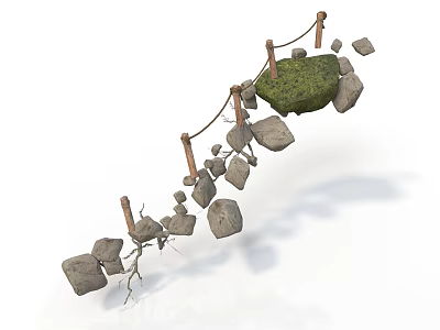 Suspended Stone Bridge With Wooden Ropes Connecting Natural Green Grass Island 3d model