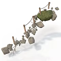 Suspended Stone Bridge With Wooden Ropes Connecting Natural Green Grass Island