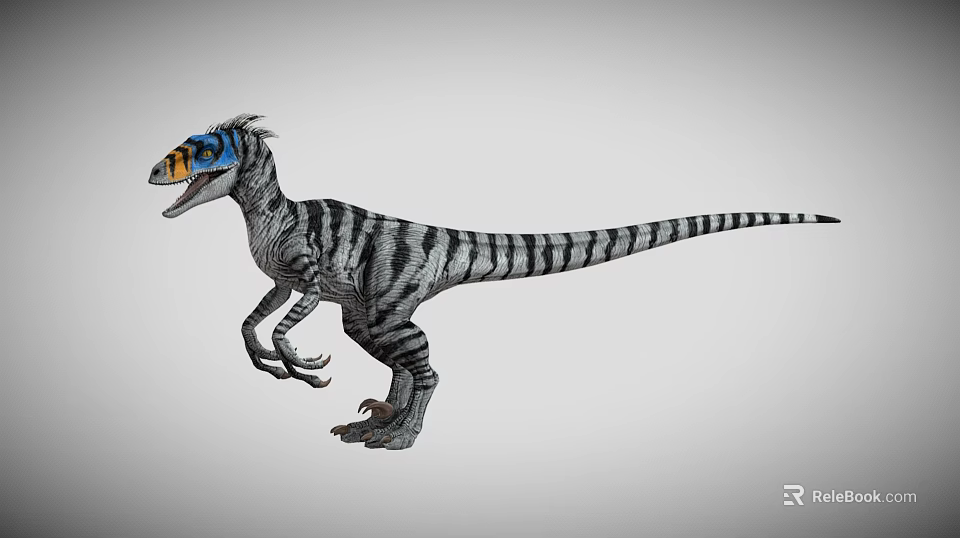 Realistic Dinosaur With Blue Yellow Head And Black White Striped Body In Standing Pose 3d model 