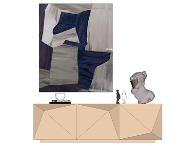 Geometric Design Entryway Console Table With Decorative Sculptures And Abstract Painting 3d model