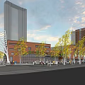 Modern Red Brick Building With Glass Facade In Urban Plaza With Trees And People