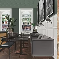 Elegant Restaurant with Large Black and White Botanical Paintings Green Walls White Wainscoting Rattan Furniture