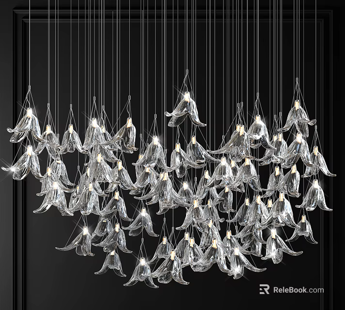 Modern Crystal Chandelier with Transparent Petal Shaped Decorations Hanging in Contemporary Interior 3d model 