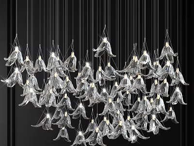 Modern Crystal Chandelier with Transparent Petal Shaped Decorations Hanging in Contemporary Interior 3d model