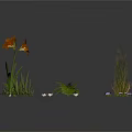 Modern Scene Plant Decoration Featuring Brown Flowers Green Grasses Water Lily Leaves And Purple Blooms