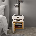 Modern White Nightstand With Open Drawer Wooden Interior And Hanging Metal Lamps In Bedroom