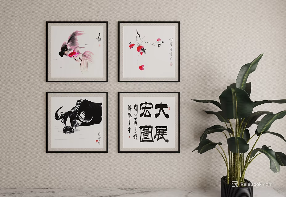 Four Chinese Style Paintings With Calligraphy And Green Plant On Wall 3d model 