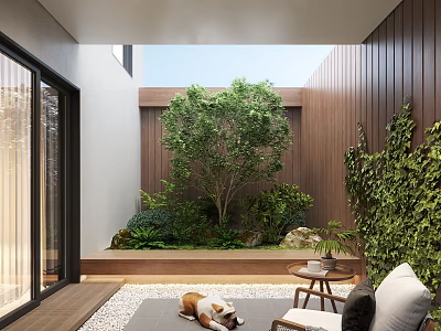 Serene Courtyard Garden Featuring Wooden Walls Green Plants Tree Stone Floor And Cozy Sofa Table 3d model