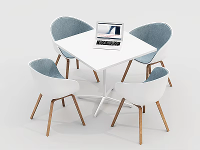 Dining Table Set Featuring White Square Table Light Blue Backrest Chairs Wooden Legs And Laptop 3d model