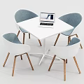 Dining Table Set Featuring White Square Table Light Blue Backrest Chairs Wooden Legs And Laptop