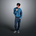 Man in Blue Shirt and Jeans Standing with Hand Near Mouth on Gray Background 3d model