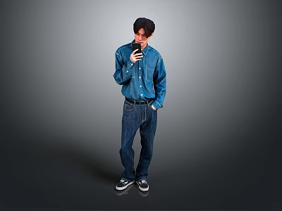 Man in Blue Shirt and Jeans Standing with Hand Near Mouth on Gray Background 3d model