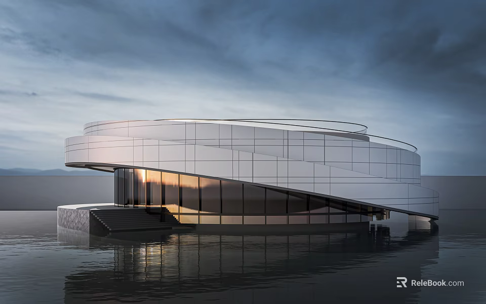 Modern Waterfront Pavilion Featuring Curved Glass Facade And Water Reflection Sunset View 3d model