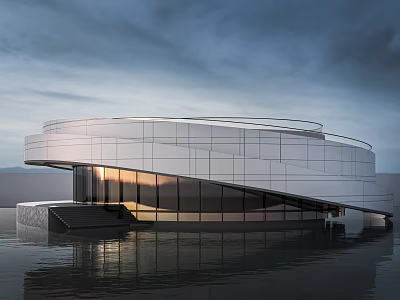 Modern Waterfront Pavilion Featuring Curved Glass Facade And Water Reflection Sunset View 3d model