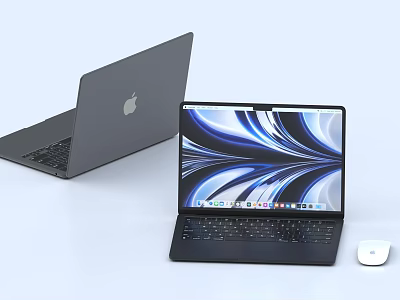 Apple MacBook Laptops Open And Closed With Colorful Abstract Screen And White Wireless Mouse 3d model