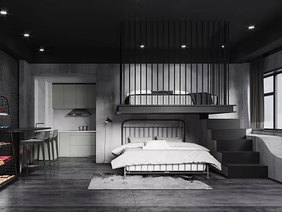 Modern Hotel Guest Room With Loft Bed Black Metal Railings Open Kitchen And White Bedding 3d model