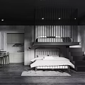 Modern Hotel Guest Room With Loft Bed Black Metal Railings Open Kitchen And White Bedding