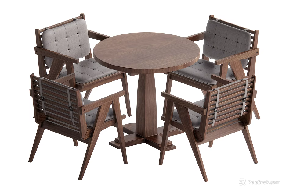 Modern Round Wooden Table Set With Four Upholstered Chairs And Sturdy Base 3d model