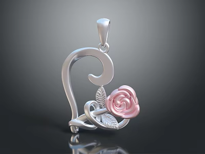 Silver Pendant Jewelry With Pink Rose And Leaf Design For Daily Use 3d model