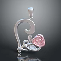 Silver Pendant Jewelry With Pink Rose And Leaf Design For Daily Use