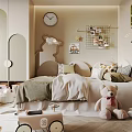 Kids Bedroom Interior Design With Cozy Curved Bed Stuffed Toys Toy Car And Storage Boxes
