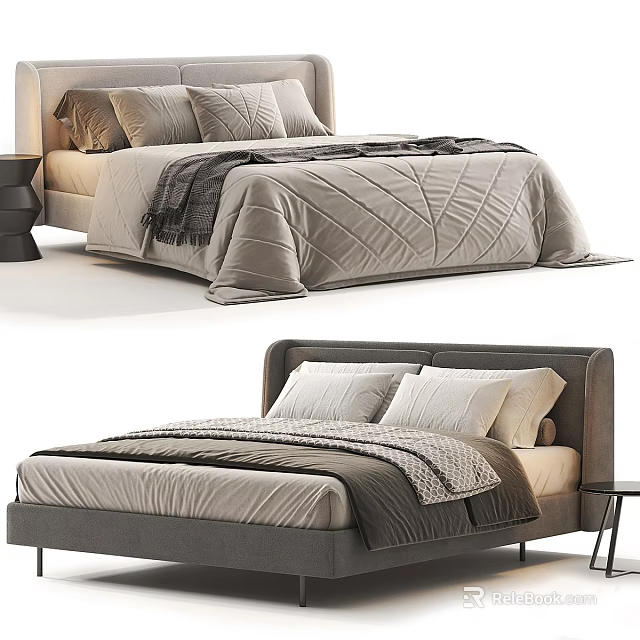 Modern Upholstered Double Beds With Neutral Tones Bedding Pillows And Nightstands 3d model 