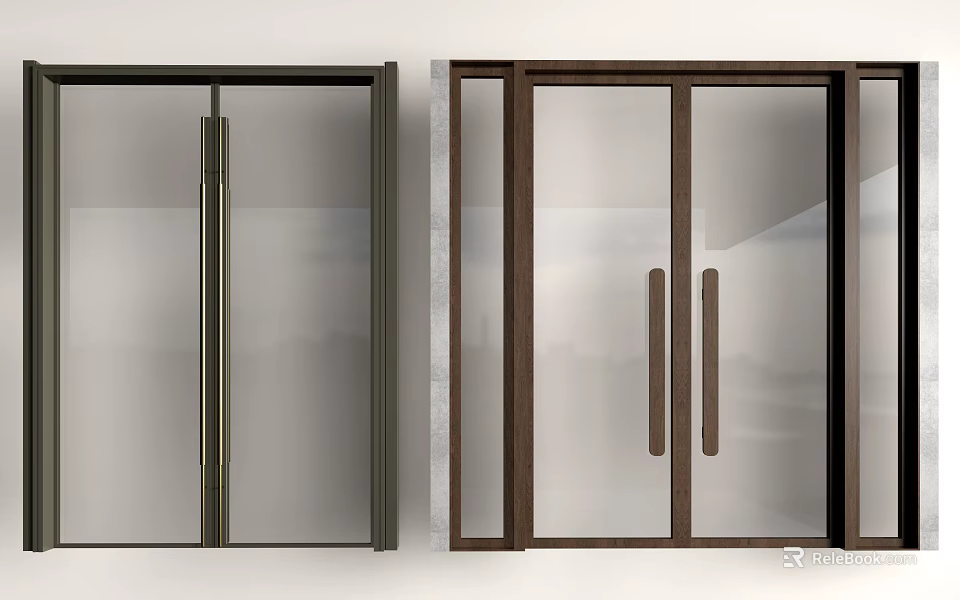 Modern Glass Entry Doors With Dark And Brown Frames And Metallic Handles 3d model 