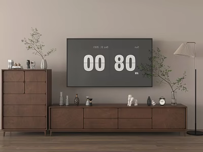 Modern Wooden TV Stand With Matching Chest of Drawers Decor Items Clock And Floor Lamp 3d model