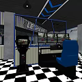 Hotel Public Lounge Area With Robot Figure On Circular Platform And Checkered Floor
