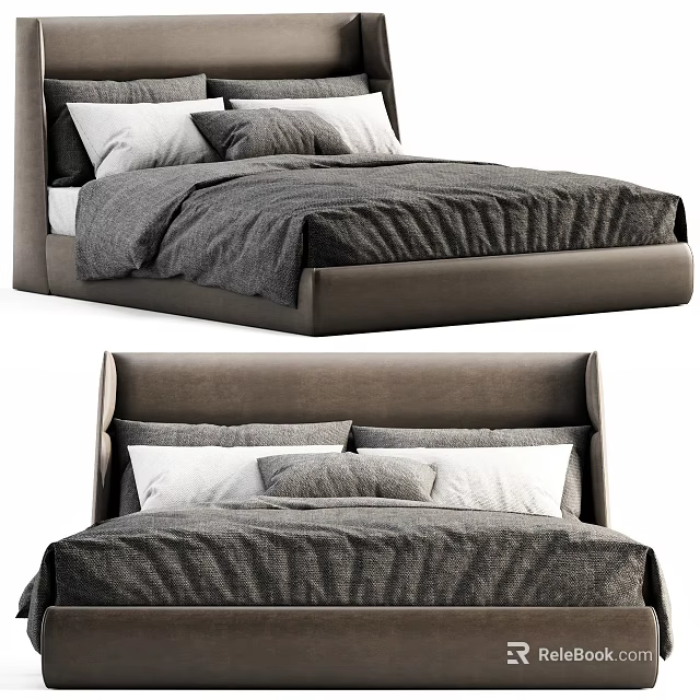 Modern Upholstered Double Bed With Cozy Gray Bedding And White Pillows 3d model