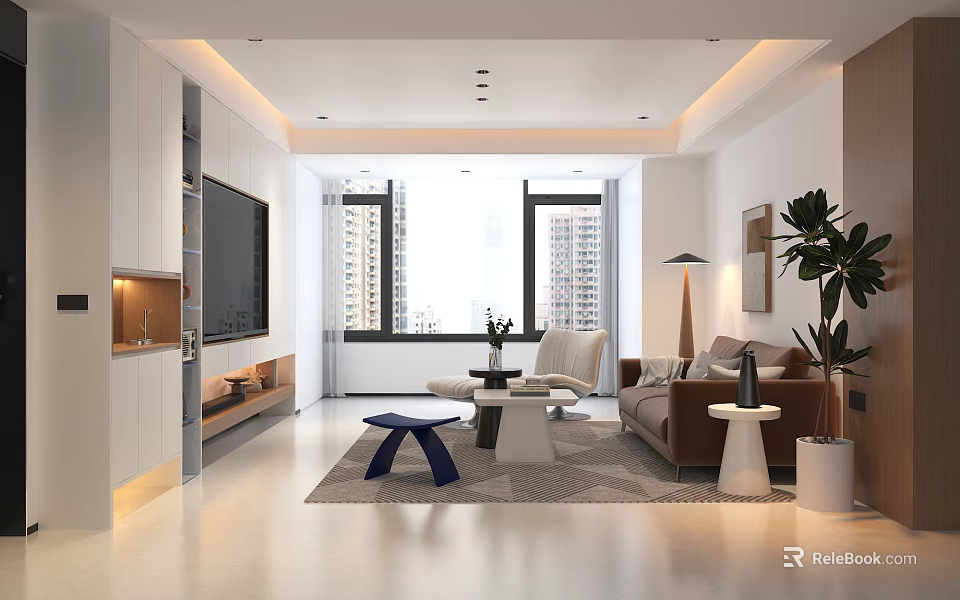 Bright Modern Minimalist Living Room With Cozy Furniture Large Windows And Warm Ambient Lighting 3d model 